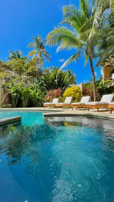 a swimming pool with chairs and palm trees at Boutique Surf Hotel Rip Jack Inn in Playa Grande