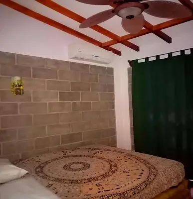 a bedroom with a bed with a ceiling fan at Domi Cabin in Dominical