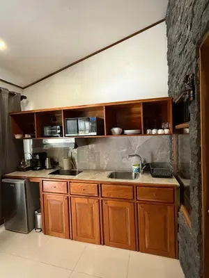 a kitchen with wooden cabinets and a sink at Apartamento Don Jarvey II in Monteverde Costa Rica