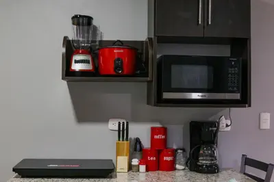 a kitchen counter with a microwave and a coffee maker at Casa Suculenta ,Monteverde con Jacuzzi Privado y Lavandería in Monteverde Costa Rica