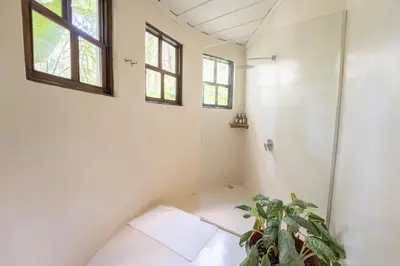 a bathroom with a shower and a potted plant at Oceana Beachfront Lux 6BR Retreat Villa Private Yoga Shala in Mal País