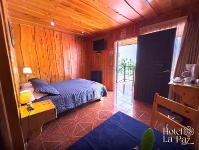 a bedroom with a bed in a wooden room at Hotel La Paz in Poasito