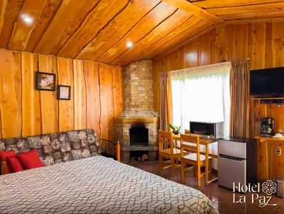 a bedroom with a bed and a fireplace at Hotel La Paz in Poasito