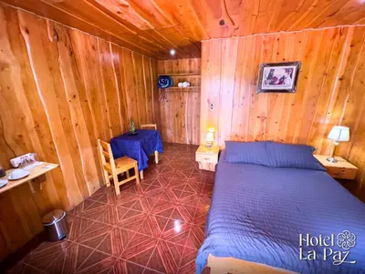 a bedroom with a bed in a wooden room at Hotel La Paz in Poasito
