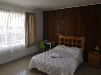 a bedroom with a bed and a desk and a window at HOTEL TERRAZAS BOUTIQUE in Los Yoses