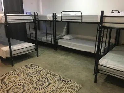 a room with three bunk beds and a rug at El Gato Rojas Surf Hostel in Santa Teresa Beach