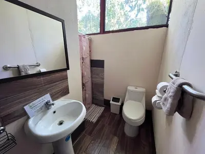 a bathroom with a sink and a toilet and a mirror at Chilamate Rainforest Eco Retreat in Puerto Viejo