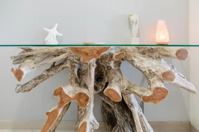 a table with a glass top and some driftwood at Apt AC WIFI Mountain View Near beach Costa Rica in Jacó