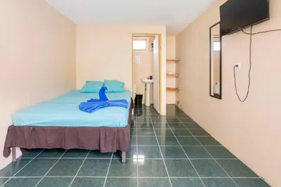 a room with a bed and a television in it at Habitación Privada - Apartamentos Morpho CR in Quepos