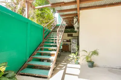a staircase with a green wall next to a building at Habitación Privada - Apartamentos Morpho CR in Quepos