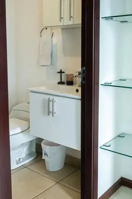 a bathroom with a white sink and a toilet at Lujoso condominio con lavadora y secadora, S. José in San José
