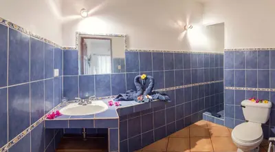 a blue tiled bathroom with a person sitting on a sink at Hotel Laguna del Cocodrilo in Tamarindo