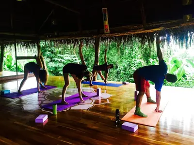 a group of people doing yoga in a room at Jungle Lodge at Wild Sun Rescue Center in Cabuya