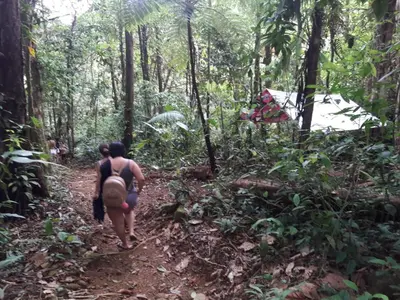 two people walking down a trail in the jungle at Posada Río Celeste La Amistad in Rio Celeste