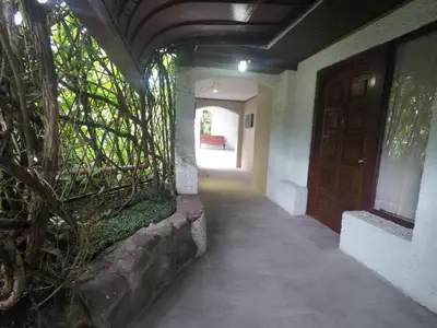 a hallway of a house with a door and trees at La Bergerac Boutique Hotel in San José