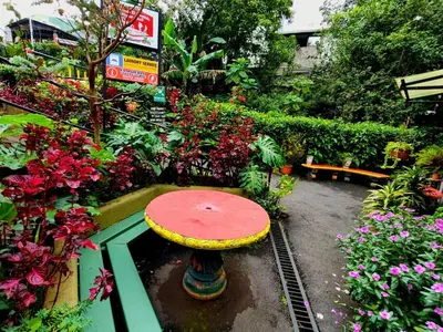 a red bench in a garden with flowers at Cabinas El Pueblo B&B Monteverde in Monteverde Costa Rica