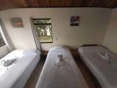 two beds in a room with white sheets and a window at Bella Vista Lodge in Monteverde Costa Rica
