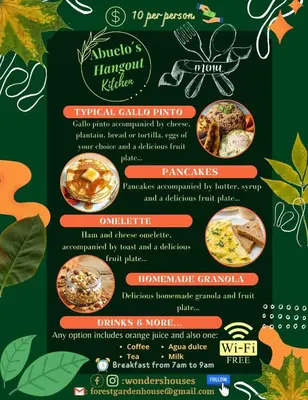a flyer for a restaurant with a menu at Moon Wonders Vacation House in Monteverde Costa Rica