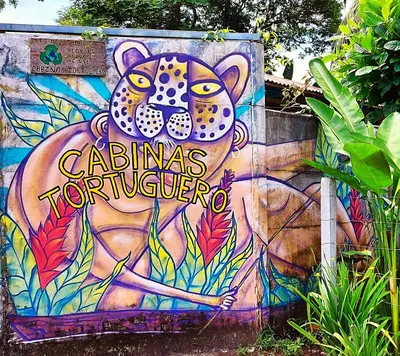 a painting of a cat on a wall at Cabinas Tortuguero in Tortuguero