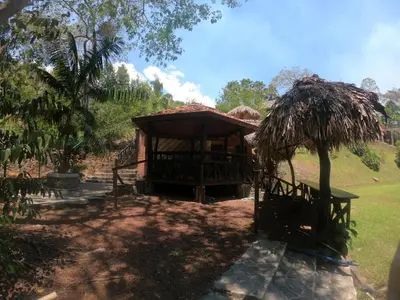 a small hut with a thatched roof in a field at Hotel Poza Blanca Lodge in San Mateo
