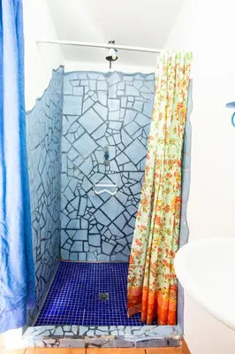 a shower in a bathroom with a blue shower curtain at Pochote Lodge in Hacienda Guayabo