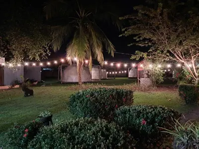 a group of lights on a yard at night at Yubarta Lodge in Uvita