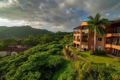 a house on a hill with a palm tree at AltaVista 5A 3 bdr Ocean View in Los Suenos in Herradura