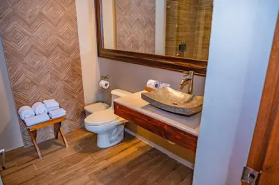 a bathroom with a sink and a toilet at Lost Iguana Resort and Spa in Fortuna