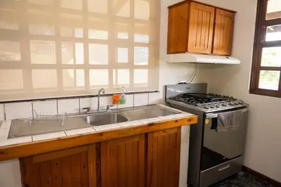 a kitchen with a sink and a stove at Country house, Cozy Fireplace and an amazing view in Cartago