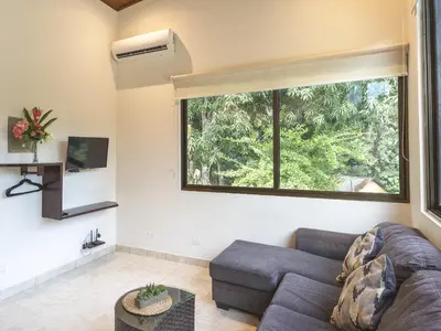 a living room with a couch and a large window at Surfside Apartments - Playa Carmen in Santa Teresa Beach