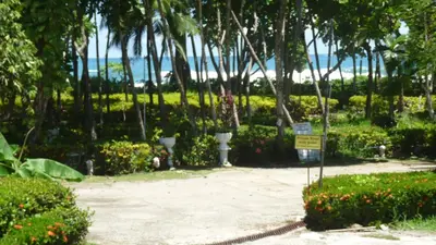 a garden with palm trees and a walkway with a sign at Hotel Arboleda in Quepos