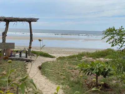 a beach with a bench and people in the ocean at Ride On! Surf Hotel in Nosara