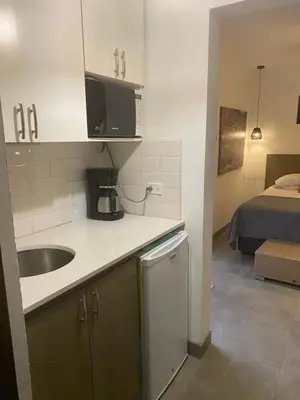 a small kitchen with a sink and a bed in a room at Bungle in the Jungle in Playa Panama