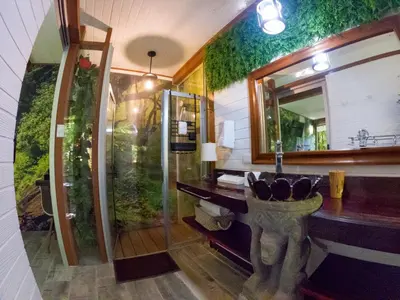 a bathroom with a shower and a sink and a mirror at Coyote Rooms in Cabuya