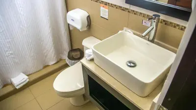 a bathroom with a white sink and a toilet at Hotel y Restaurante El Guarco in Cartago