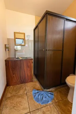 a bathroom with a shower and a toilet and a mirror at Coffee House in Monteverde Costa Rica