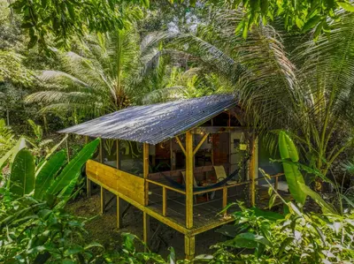 a small shack with a roof on top of it at Private jungle “Loft del Rio” river access in Uvita