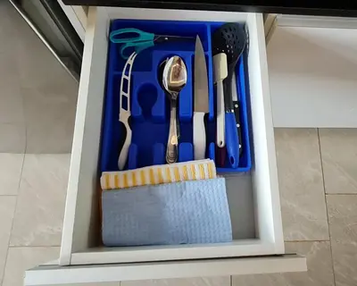 a drawer full of kitchen utensils in a box at Cozy private Apartment, Mirador Escazú -Great view- in Escazu