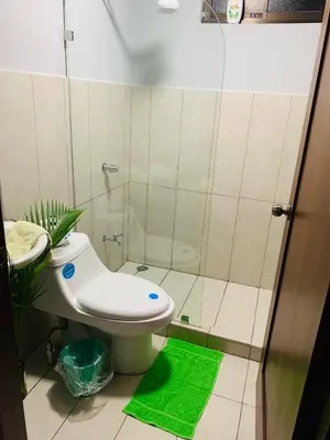 a bathroom with a shower with a toilet and a green rug at Around Juan Santa María in Alajuela City