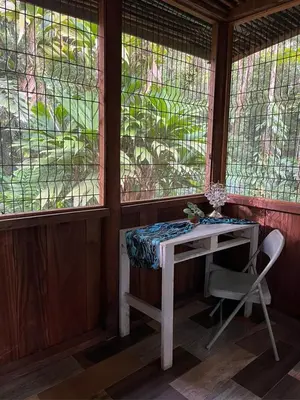 a table and a chair in a room with windows at El Zota Hotel in Cariari