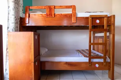 a bunk bed with a ladder in a room at Hostel Bouganvilia Bed and Breakfast in San Ramón