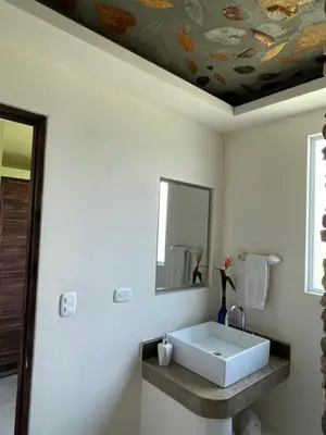 a bathroom with a sink and a mirror at Rinconcito Verde in Ujarrás