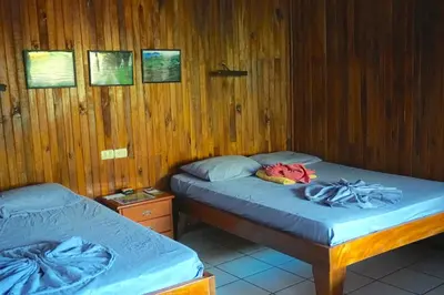 two beds in a room with wooden walls at Hotel Aurora in Montezuma