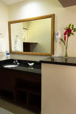a bathroom with a sink and a large mirror at Guácima Escondida Hotel Boutique in Guácima