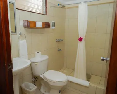 a bathroom with a toilet and a sink and a shower at Hotel Las Espuelas, Bar & Restaurant in Liberia