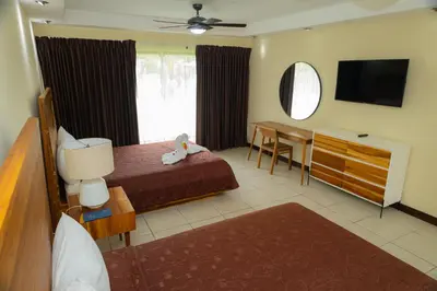 a bedroom with a bed and a desk and a television at Hotel Las Espuelas, Bar & Restaurant in Liberia
