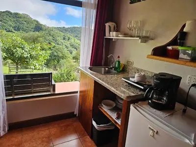 a kitchen with a sink and a window with a view at Monteluna Studios Monteverde in Monteverde Costa Rica