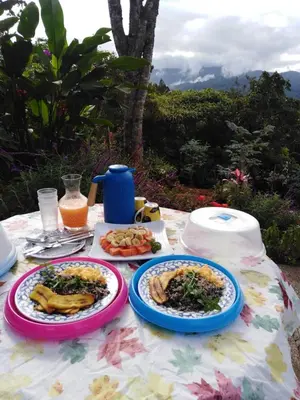 a table with two plates of food on it at Casa Sofia, a Gem Close to Orosi Thermal Pools! in Orosí