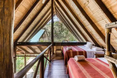 a room in a tree house with two beds at El Ballenato de Bahia in Uvita