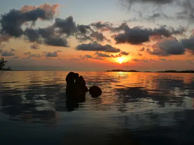 a person swimming in the water at sunset at Stunning Casa de la Roca House with Infinity Pool! in Ojochal